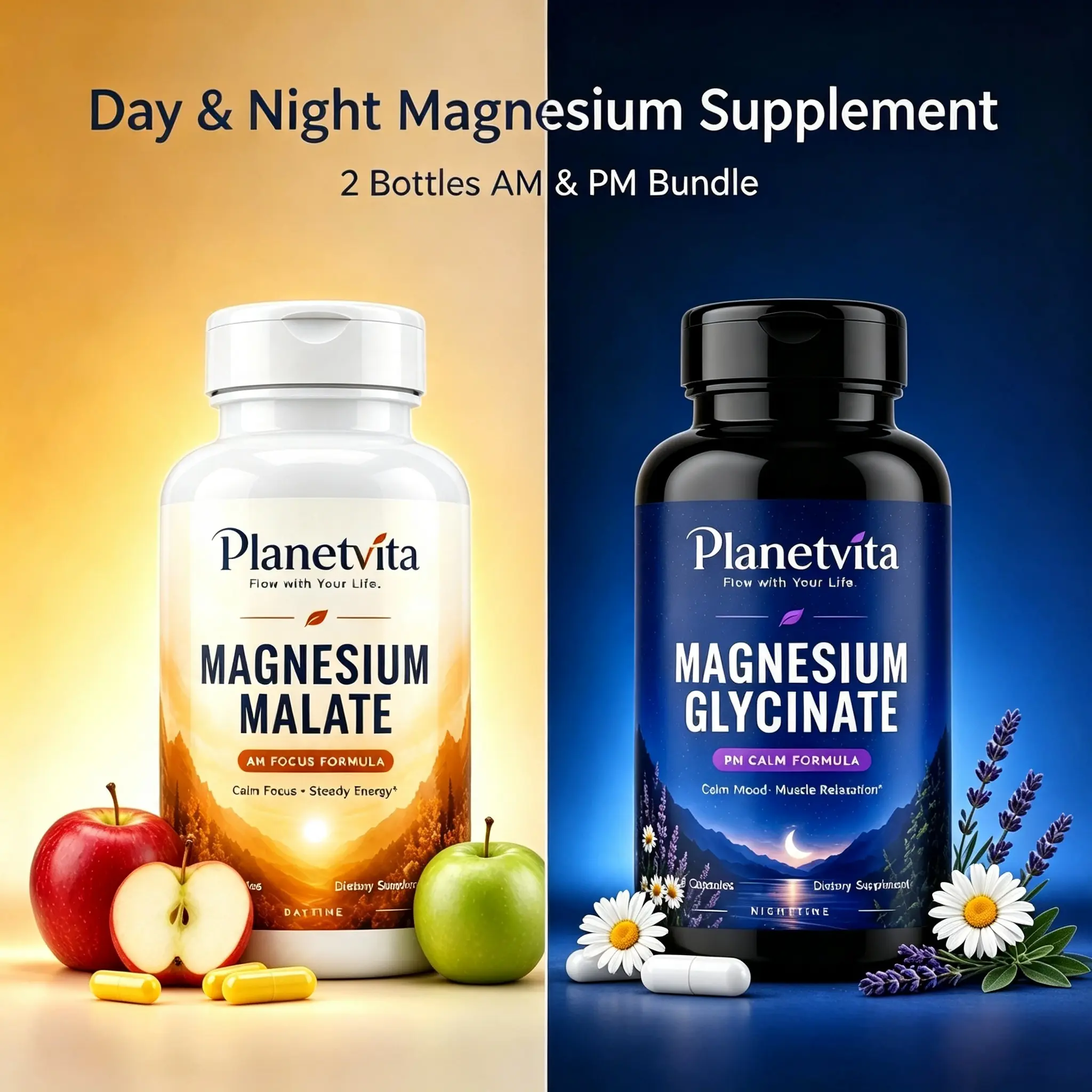 Planetvita Women's Magnesium Complex, Day & Night Magnesium Supplement with Magnesium Glycinate & Malate for Sleep, Stress & Daily Wellness Support, Melatonin-Free, 2 Bottle Set