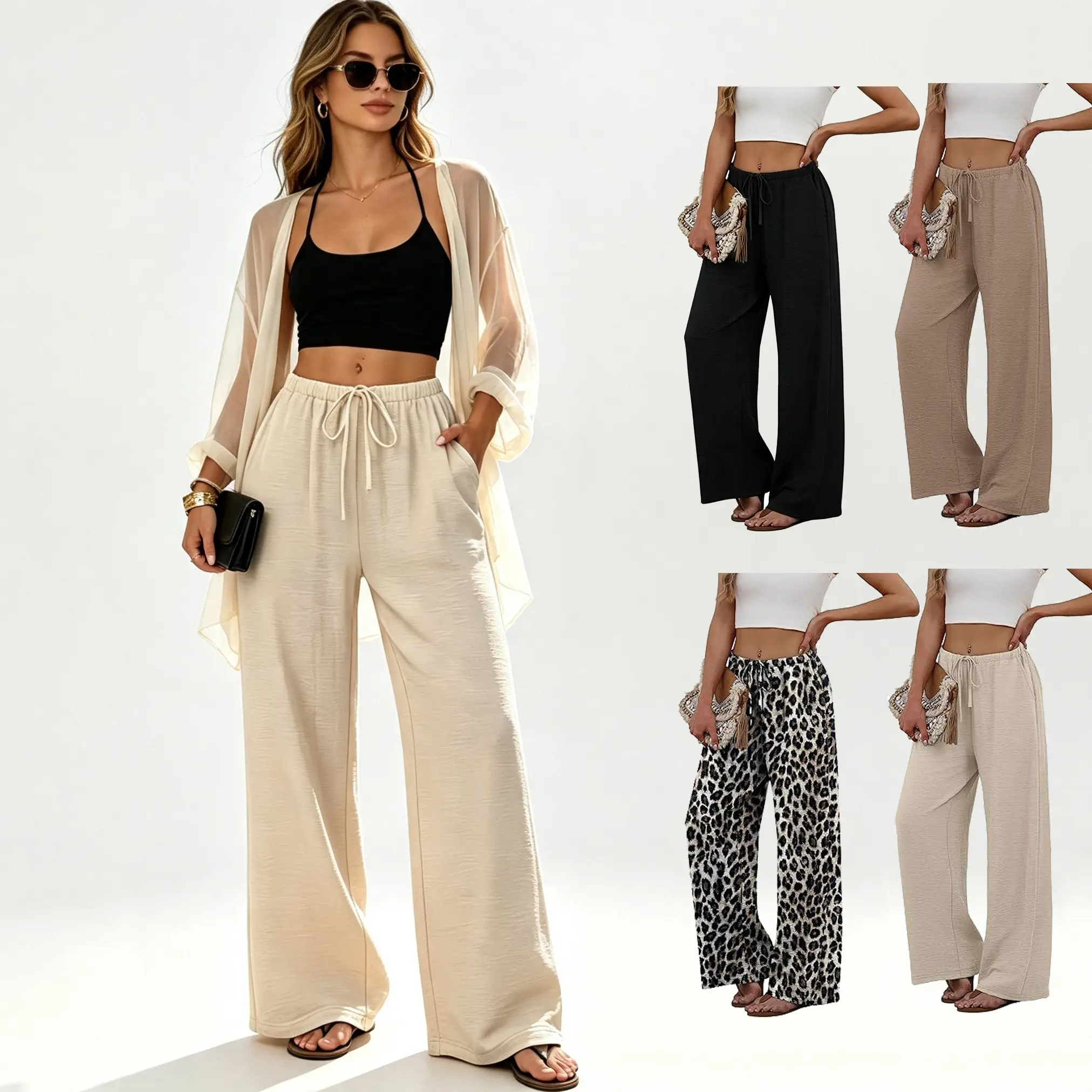 Women's New Loose Wide Leg Pants - Drawstring Waist Bottoms with Side Pockets, Sporty Chic Everyday Active Trousers