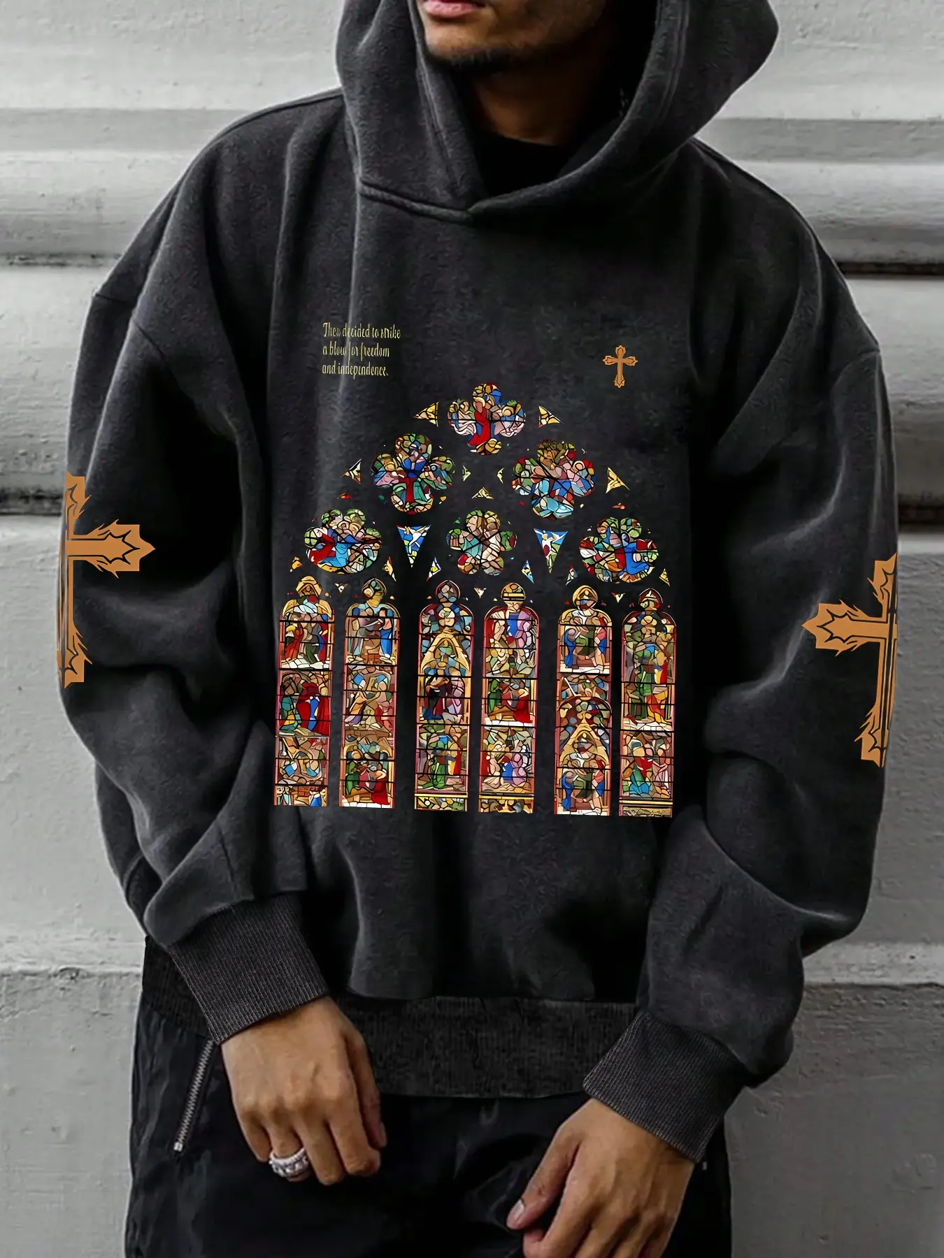 Men's Cotton Graphic Print Hoodie Spring & Fall Casual Fitted Knit Pullover, Soft Skin-Friendly Fabric, Classic Church Print Design