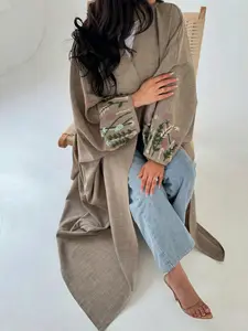1-Piece Taupe Linen-Blend Open Abaya with Floral Embroidered Sleeves, Casual Modest Muslim Kimono Outerwear