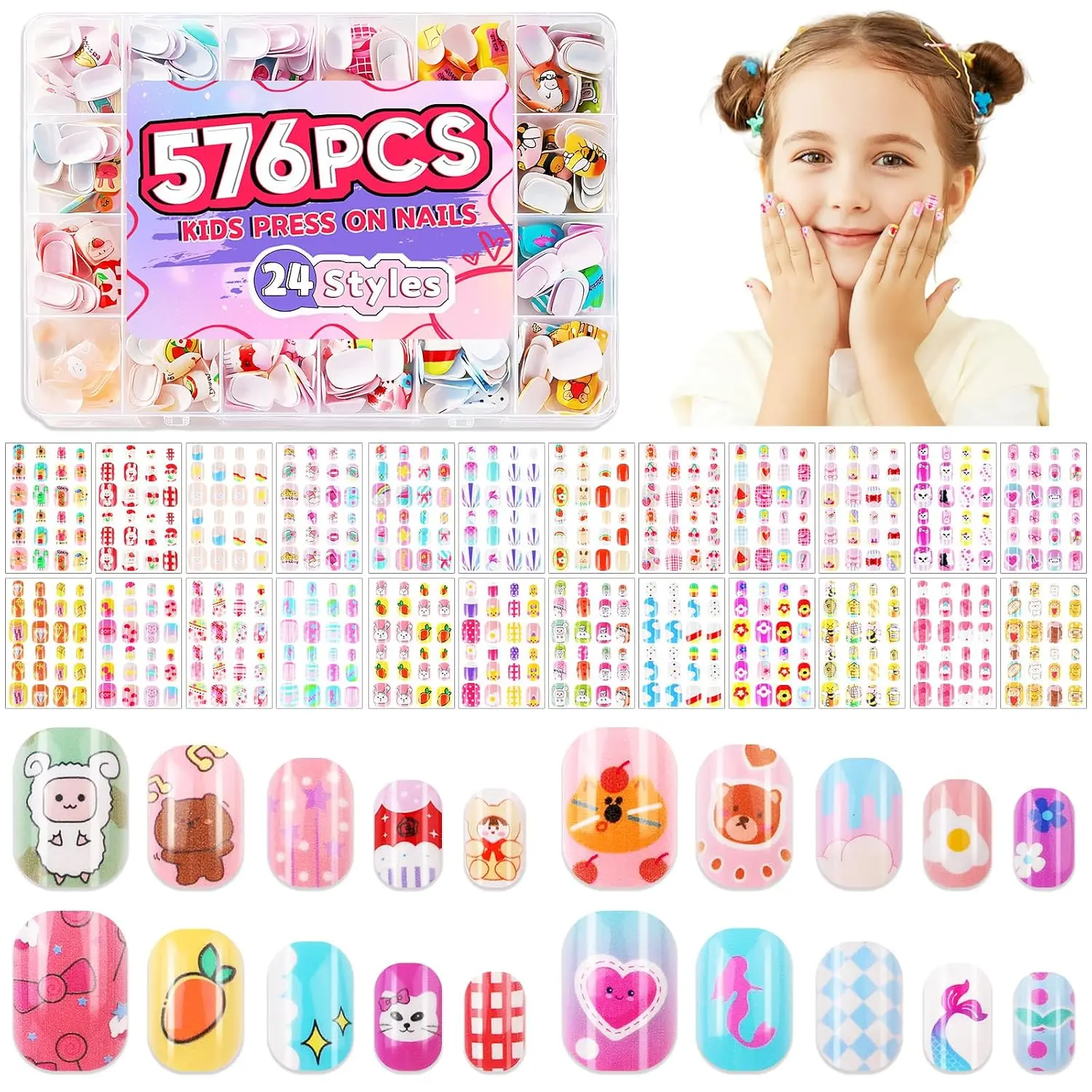 576-Piece Kids' Press-On Kit - 24 Styles, Adhesive Tabs, Nail File, Beauty Nail Art Decoration Accessory, Nails