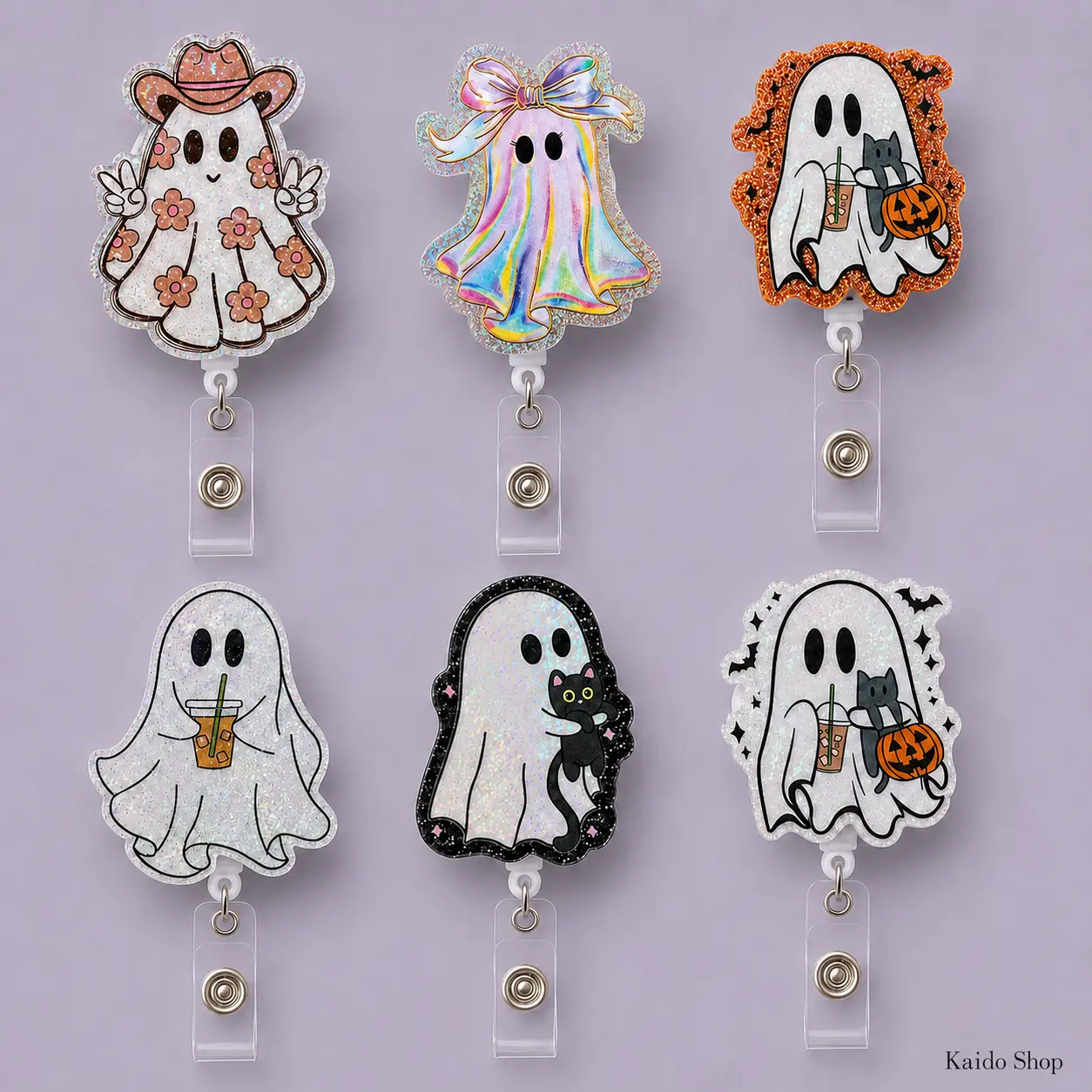 Retractable Halloween Badge Reel ID Holder - Cute Ghost, Black Cat, Iced Coffee Glitter Acrylic Charms, Glossy Seal, Multi-Size Clip for Nurses, Badge Reels Pack
