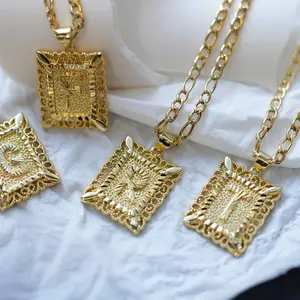 Stylish 18K Gold Plated Square Pendant Letter Necklace Monogram Initial Necklace-A-Z Alphabet With Figaro Chain Vintage Lace and Mystery Vines Texture,Well Match All Outfit,Ideal Gift For Her On Birthday/Anniversary/Valentains' Day