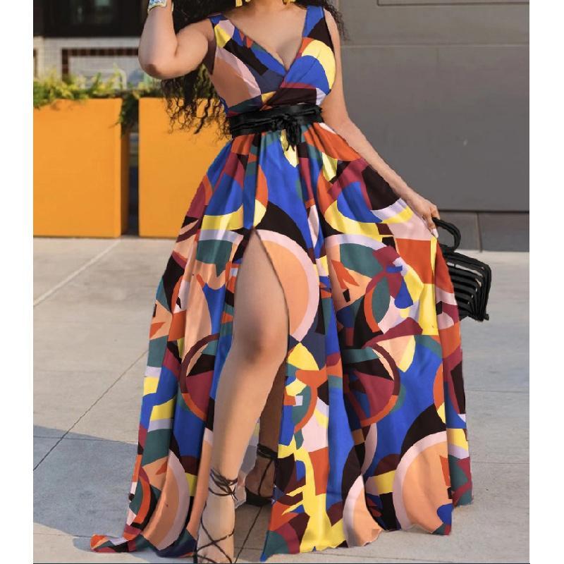 Summer Dress Printed Waist-Controlled Mid Waist Temperament Long Dress Sexy Slit Large Swing Dress with Belt Casual Fit Asymmetrical Womenswear Sleeveless Comfort Elegance Feminine Floral Twist Vneck Formal White