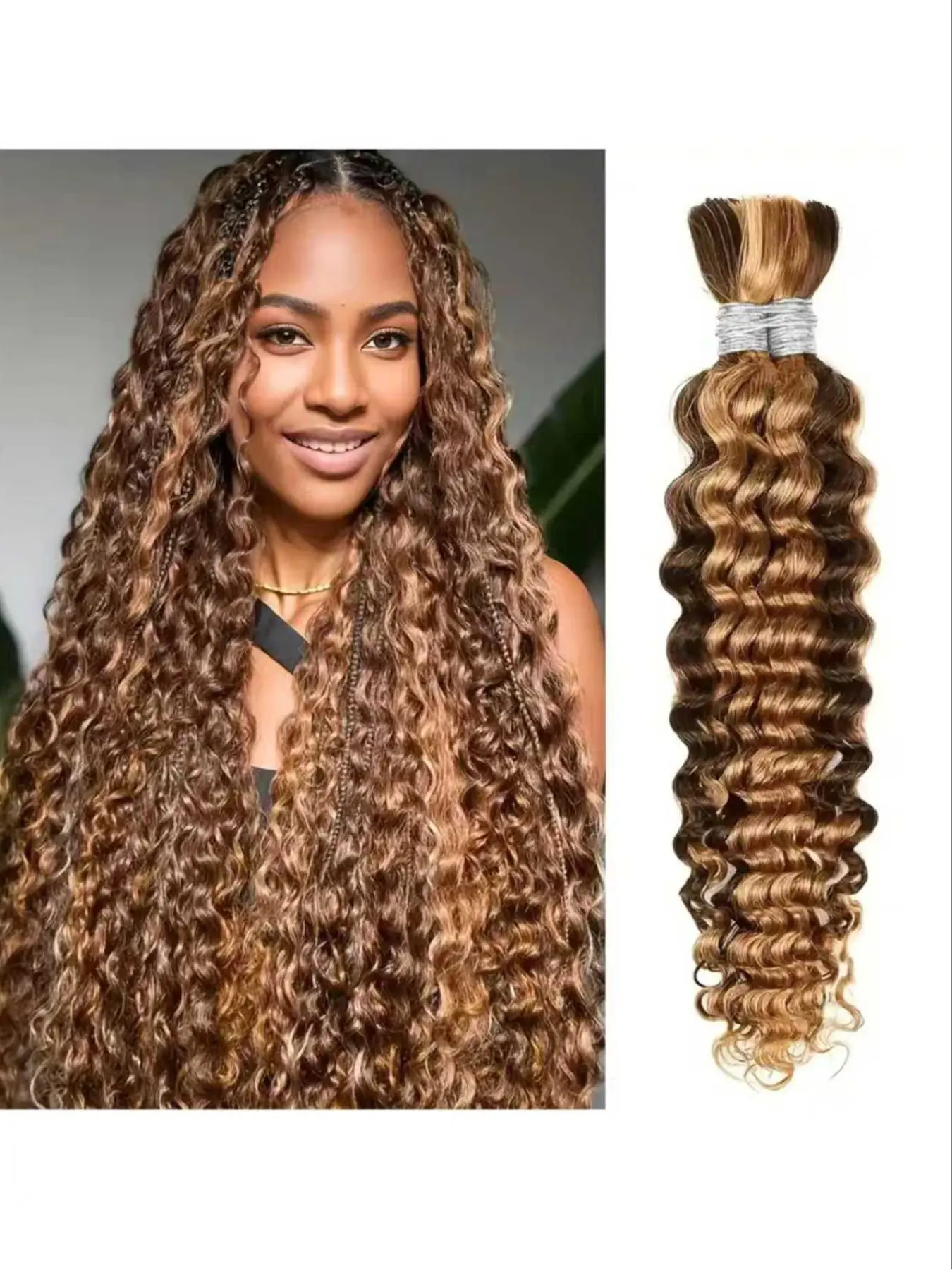 Human Hair Braiding Kit 2 Packs 100g 16-28 Inches Deep Wave Human Hair Extensions, High Gloss 4/27 Color, Boho Style No Knots, Knotless Braid