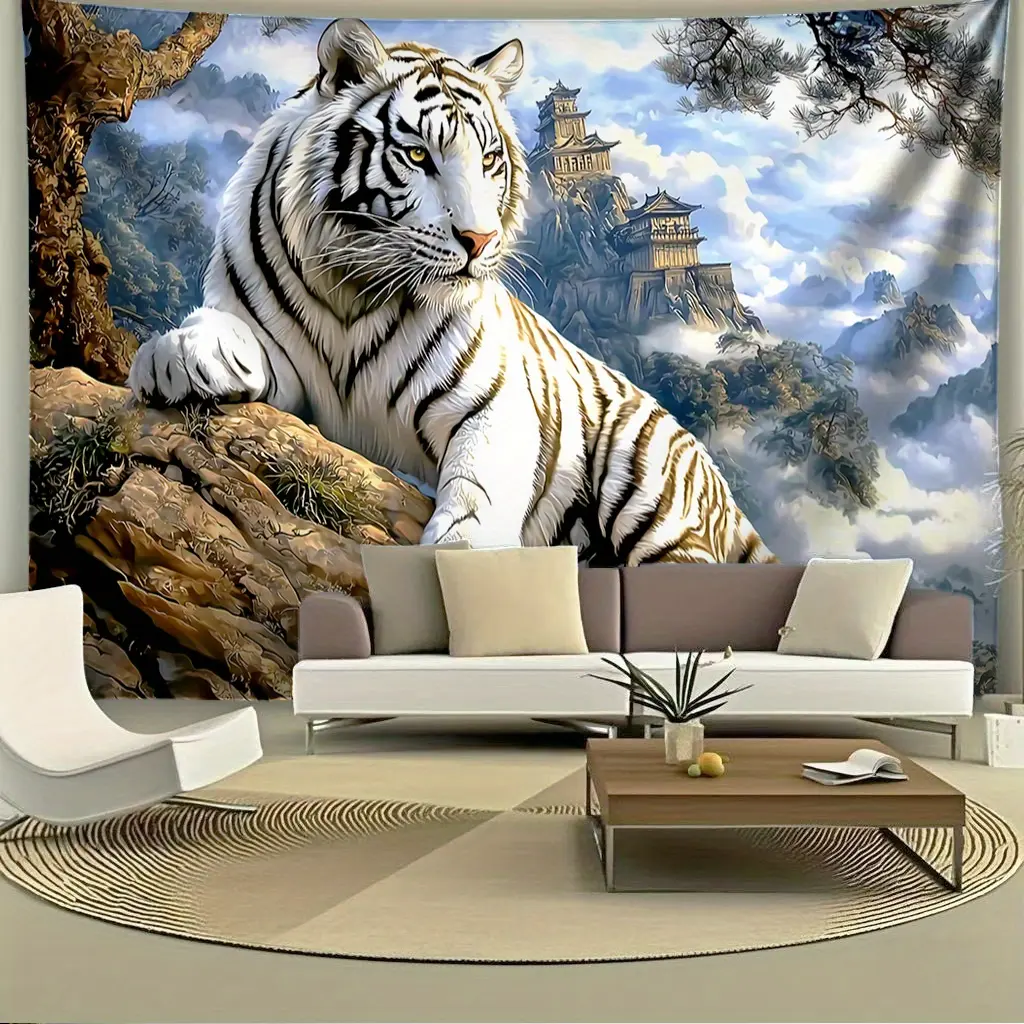 A vibrant white tiger mountain scene wall painting, featuring a design inspired by Asian temple tigers. This wall art is easy to hang and made of durable peach-patterned fabric, making it perfect for decorating the walls of your home, bedroom, living room