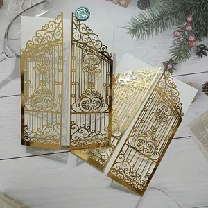 40pieces of"Happy Door"laser-cut golden red wine-colored door-shaped wedding invitations and decorative cards - exquisite scrollstyledesign for wedding, anniversary, birthday, and engagement invitations | Luxury card design | Wedding decorations