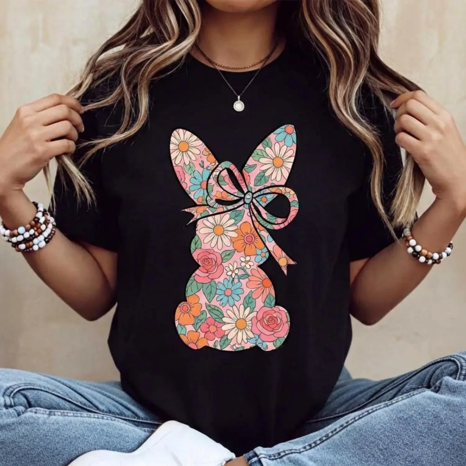 Casual Womens Round Neck Short Sleeve T Shirt Featuring Easter Bunny with Bow and Colorful Swirl Print Perfect for Spring Festival and Holiday Wear New Season Spring Fashion Tee