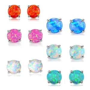 GEMSME 6 Pairs 6mm Round Cut Colorful Opal Stud Earrings for Women Hypoallergenic Dainty Crystal Jewelry Valentines Day Gift