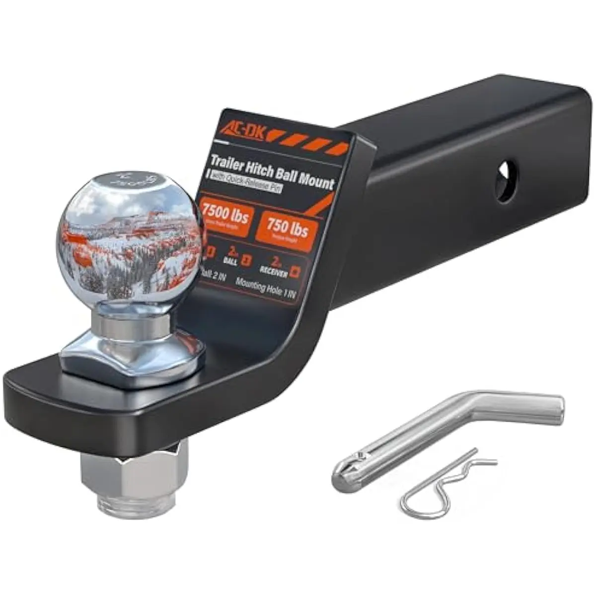AC-DK Trailer Hitch Ball Mount for 2 inch Receiver,2 inch Drop Hitch,with 2-Inch Ball,7,500 lbs Capacity Ball Hitch, 750lbs Tongue Weight,Includes Hitch Pin