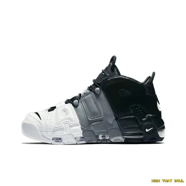 Black Gray White Gradient Unisex High Top Sneakers, spliced leather upper, breathable perforations, visible air cushion, wear-resistant rubber sole, for sports and street daily wear