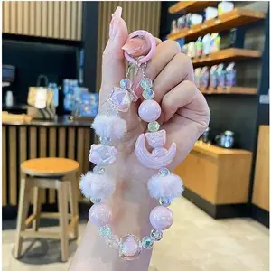 2026  New Women's Pom Pom Hand-Painted Bead Phone Chain Cute Dopamine Color Wrist Strap for Phone Case Bag Keychain