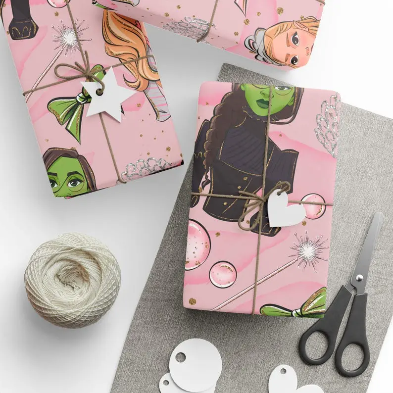 Wicked Wrapping Paper, Glinda Elphaba Witches Christmas Birthday Gift Wrap Of Oz Pastel Pink Bows Tiara Bubbles Magic Wand