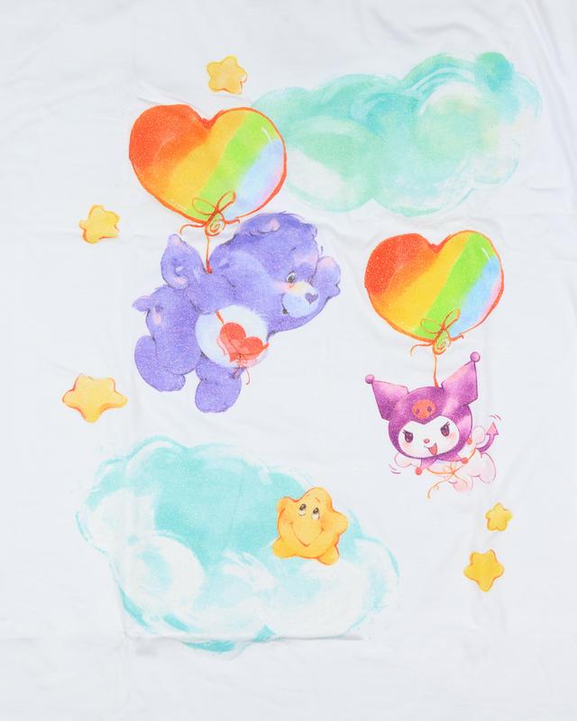 Hello Kitty and Friends x Care Bears Women's T-Shirt Harmony Bear and Kuromi Glitter Sheen Boyfriend Fit Tee (X-Large)