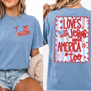 Comfort Colors She Loves Jesus and America Too T Shirt, 4th of July Patriotic Coquette Bow Tee, USA Flag Preppy Red White Blue Shirt, Christian Gift for Women - Squirrel Corner - LEE