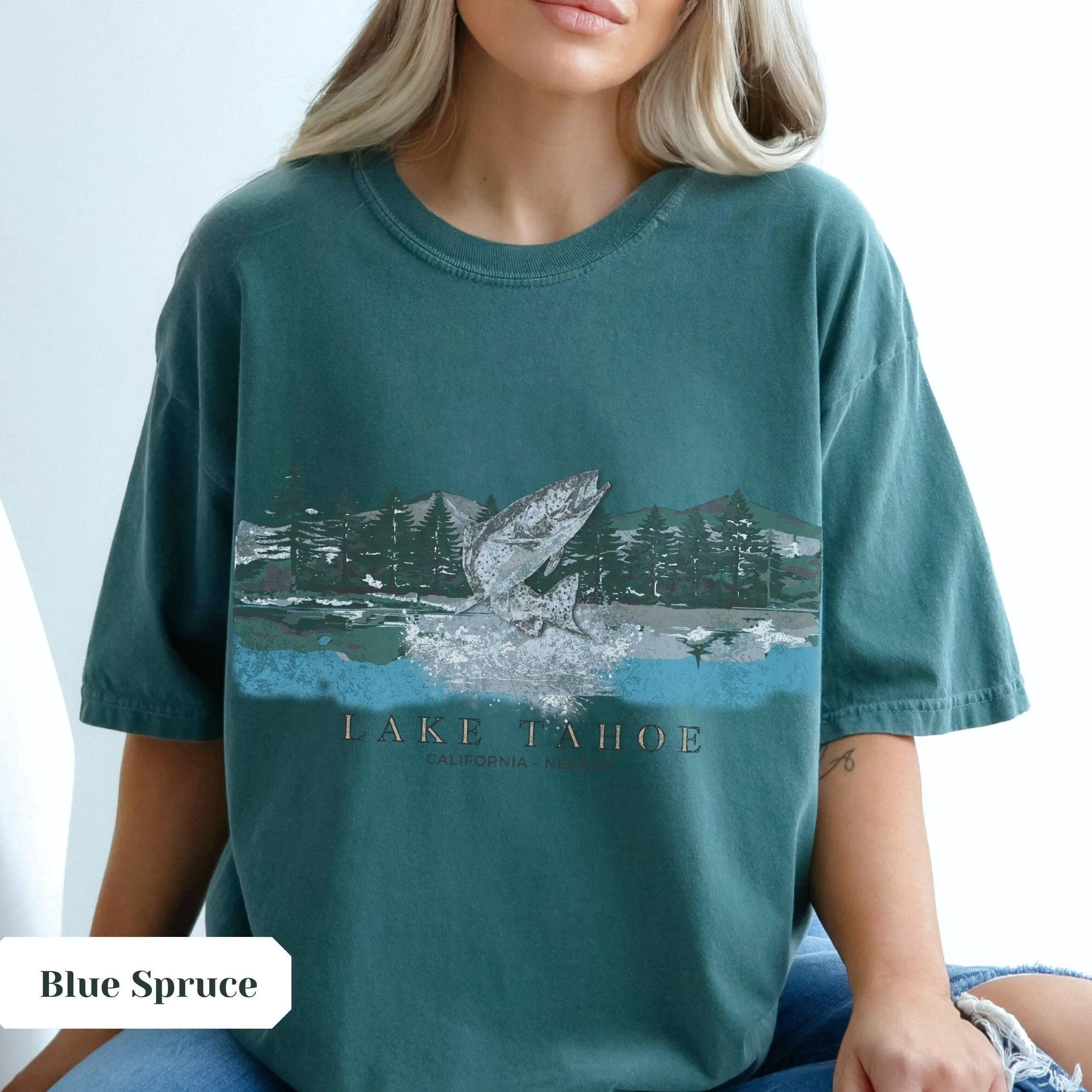 Comfort Colors Vintage Lake Tahoe Fish Tee, Tshirt, Oversized Lake Shirt, Vacation Aesthetic, Outdoor Lover Gift, Distressed Graphic Tee, Printed, Casual, Comfortable, Round Neck, Soft, Cotton, Loose, Women's Tops, Oversized Tshirt Women, T Shirts Women