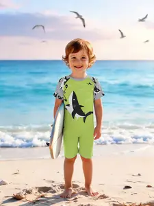 Shark Print Casual Swimwear Set, Short Sleeve Zipper Design, All Season Wearable, Slim Fit Comfort, Ideal for Pool & Spa