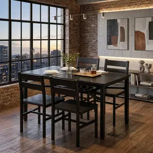 Modern Farmhouse 5-Piece Dining Table Set, Rectangular Kitchen Dinette with 4 Chairs and Storage Rack, Particle Board Top Metal Frame Space Saving Bar Table Set for 4 People Home Dining Room Decor