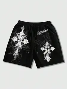 Men's Opium Style Gothic Cross Graphic Shorts - Dark Aesthetic Streetwear Bottoms with "Bloodiness" Lettering & Vine Print - Retro Y2K Grunge Loose Fit Shorts for Summer 2026 - Unique Alt Fashion Apparel