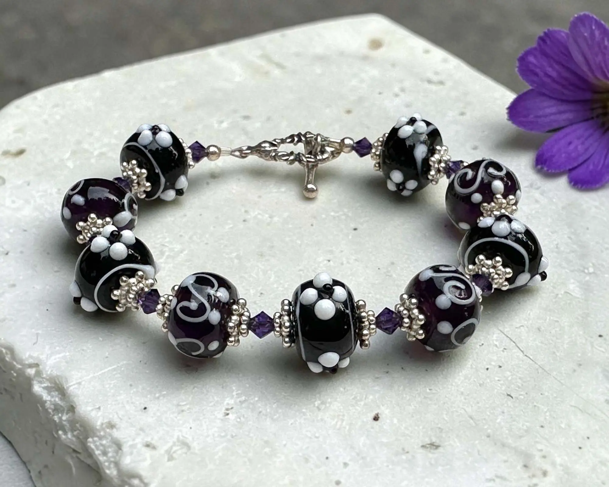 6.5" Dark Orchid Purple Lampwork Silver Bracelet