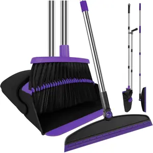 Purple Broom with Dustpan Combo Set and Silicone Air Broom Kit - 51" Long Handle Floor Squeegee, Versatile Household Cleaning Kit for Glass Window, Rugs, Pet Hair, and Home Use