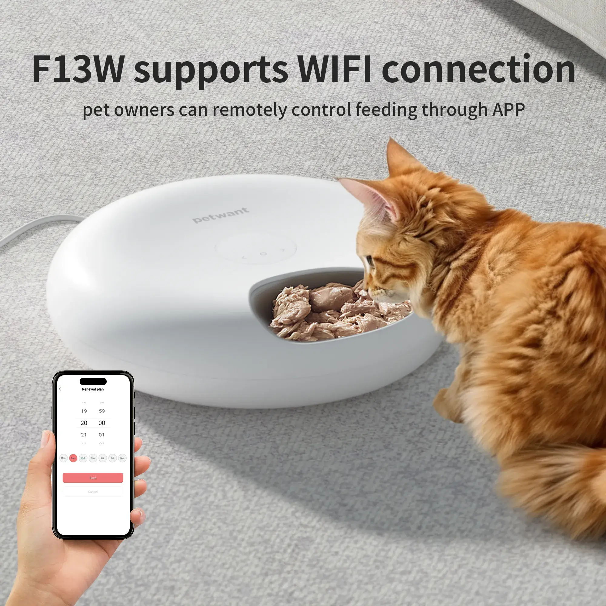 WiFi Smart Pet Feeder for Dogs & Cats - ABS Plastic, Polyethylene, 6 Compartments (200ml Each), APP Control, Remote Plug-Battery Dual-Use, Fresh Food Keeper (12.6×12.87×3.43in, 1800mAh, 4.19lbs)