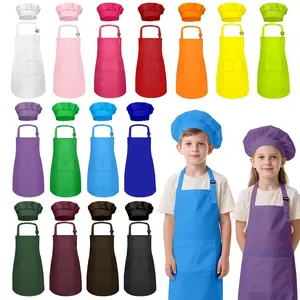 2Pack Kids Apron and Chef Hat Set,  Boys Girls Kids Apron with 2 Pockets Adjustable ,Kids Painting Aprons,for Cooking Classroom Baking Painting Crafting Grilling Activity,DIY,Party,6-13 Years
