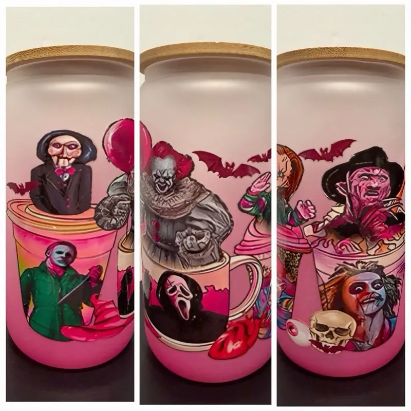 16oz Pink Ombré Horror Movie Glass Cup with Iconic Characters and Bat Design for Spooky Fans