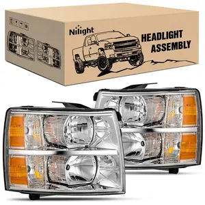 Nilight Headlight Assembly Compatible with 2007 2008 2009 2010 2011 2012 2013 Silverado 1500 2014 2500HD 3500HD Replacement Chrome Housing Amber Reflector