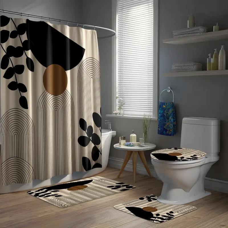 Creative Geometric Bathroom Set, Includes Shower Curtain, Bath Mat, Toilet Seat Cover, Elegant Home Decor, Perfect Gift, Shower Curtain Sets, Bathroom Accessory, Bathroom Decor And Accessories