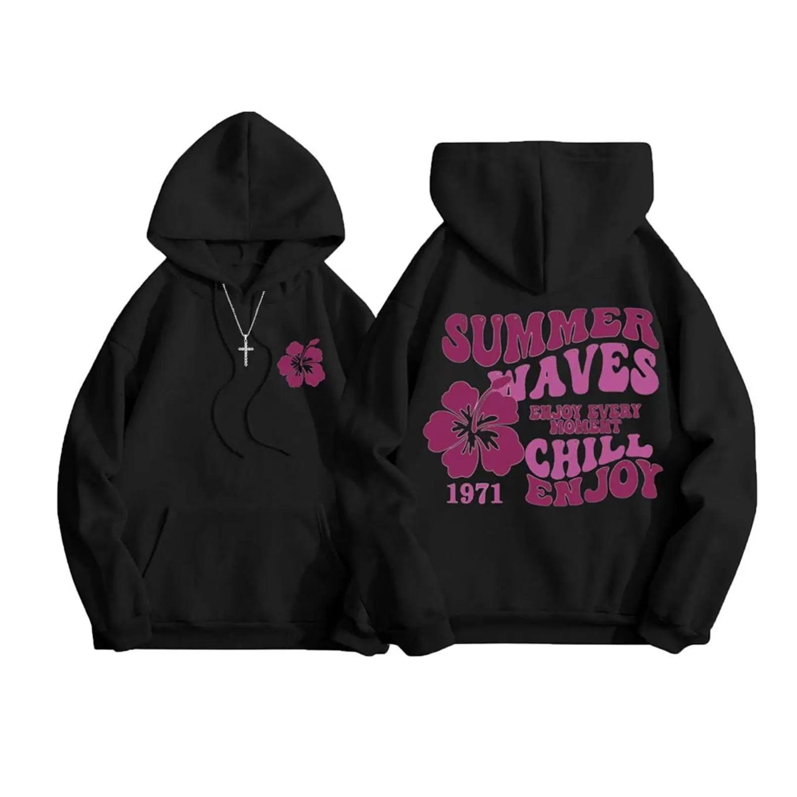 Retro 70s Summer Beach Hibiscus Graphic Hoodie | Aesthetic Tropical Flower Two-Sided Print Loose Fit Black Hoodie For Women Vacation Streetwear