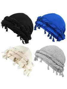 New men's solid-color headscarf hat, Tassel Design Turban, men's accessories, satin-lined headscarf, Bohemian-style textured hair accessory, unisex retro hair accessory, suitable for daily wear, headscarf, casual outdoor hat, Turban