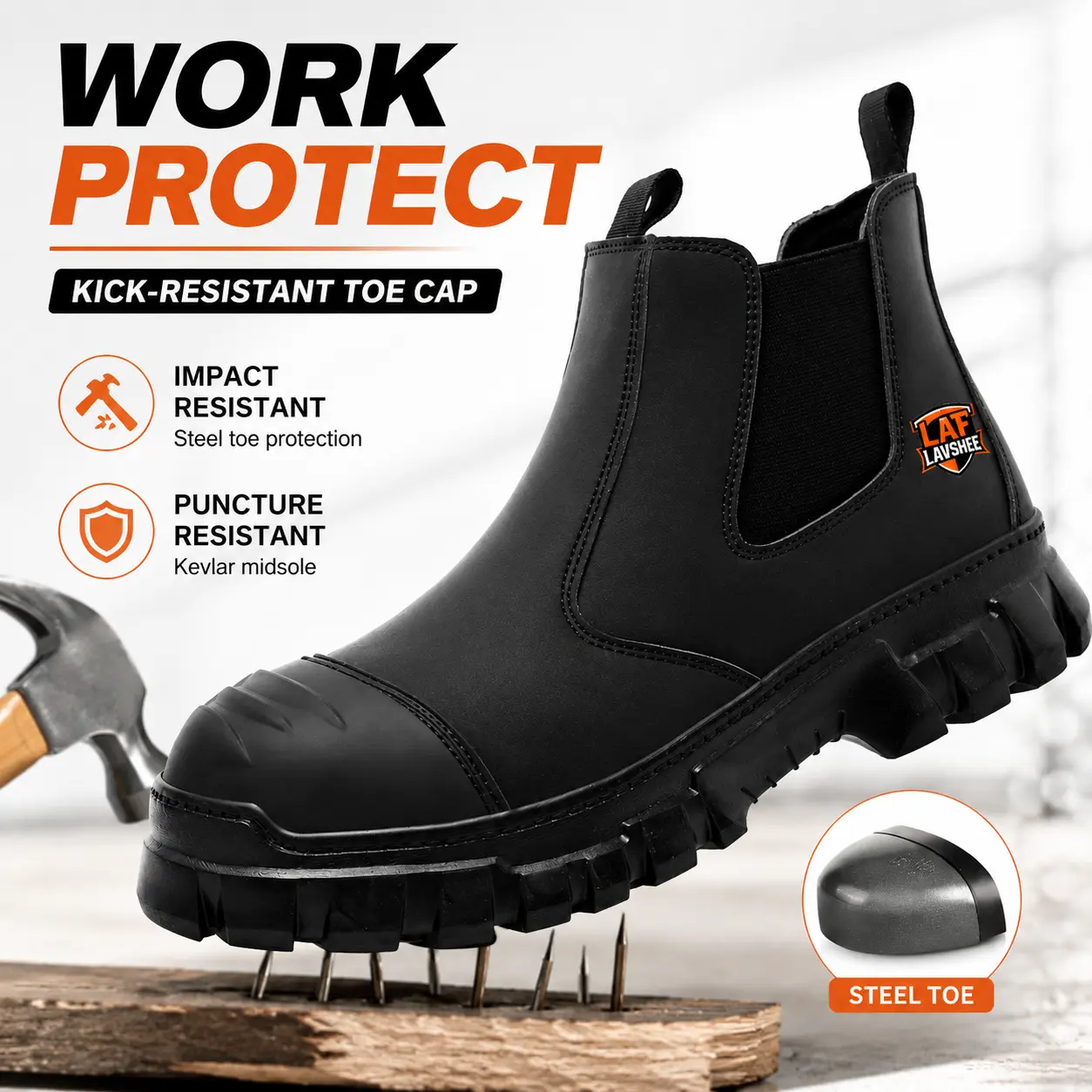 Men’s Steel Toe Chelsea Work Boots, Slip-On Safety Boots with Puncture-Resistant Midsole, Non-Slip Rugged Sole for Construction and Industrial Work
