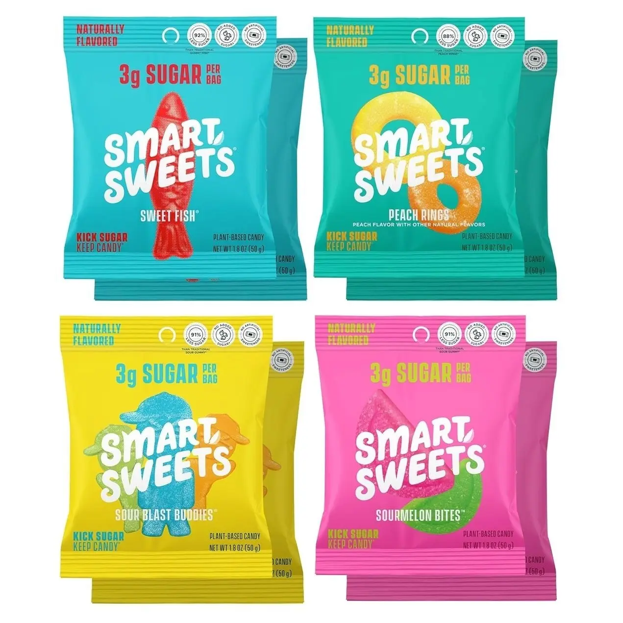 SmartSweets Variety Pack, Gluten Free Gummies, Plant Based Snacks for Adults & Kids, Chewy Candy, Low Sugar, Includes Sweet Fish, Sourmelon Bites, Peach Rings & Sour Blast Buddies, 50g Bags, 8 Pack