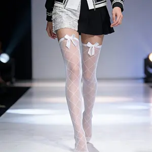 Lace mesh women's over-the-knee socks, lightweight and breathable, decorated with white bows, soft and breathable, Lolita style/JK style leg accessories, suitable for daily wear, cosplay, parties, Halloween, and Christmas women's party costume decoration