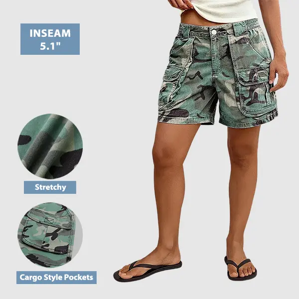 Flamingals Camo Pattern Shirred Mid Waist Mid Thigh Cargo Shorts Womenswear 5.1" Inseam