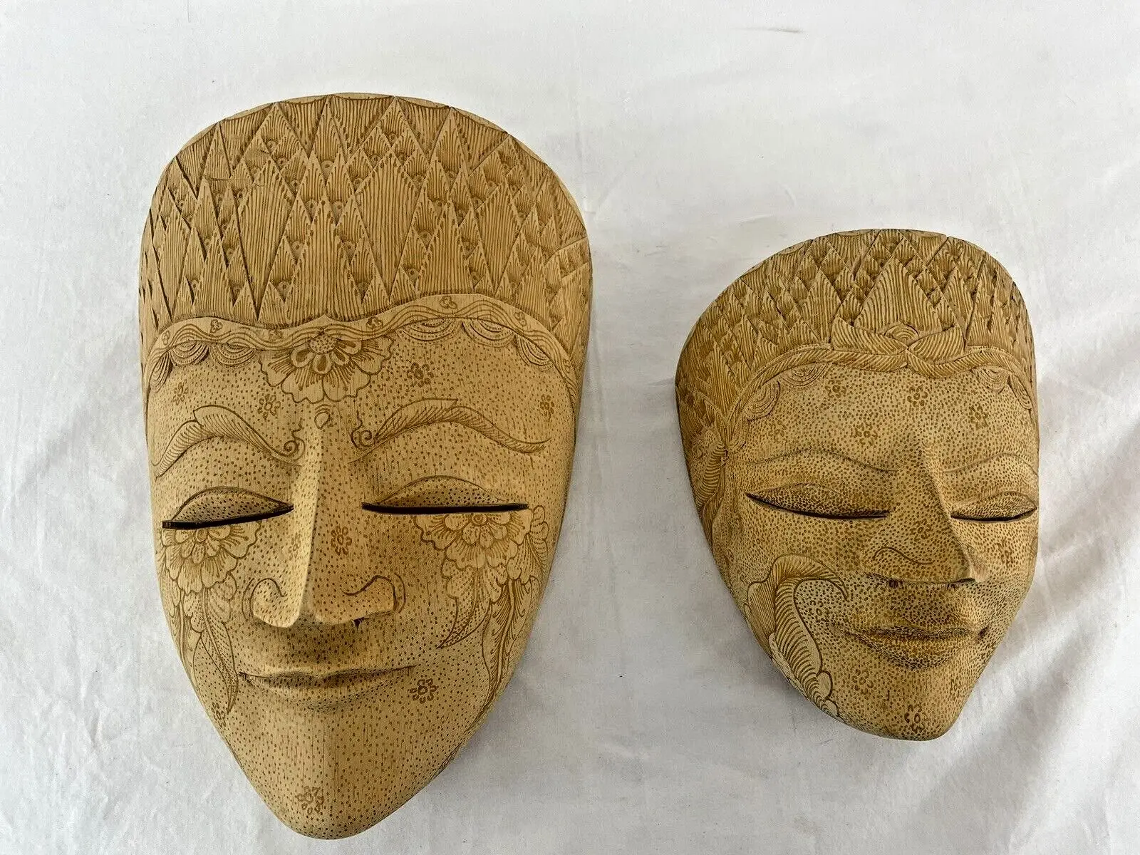 Set of 2 Hand-Carved Indonesian Balinese Folk Art Wooden Mask Wall Decor