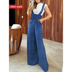 Chic Women's Sleeveless Wide Leg Jumpsuit with Pockets - Casual Denim Blue, Easy to Care Polyester Fiber, Comfortable Spring/Summer/Autumn Womenswear