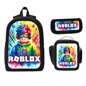 3-in-1 School Backpack Set with Lunch Box & Pencil Case, Kids' Roblox Print 600D Synthetic Oxford Bag for Boys & Girls, Lightweight with Adjustable Straps, 3 In 1 Design