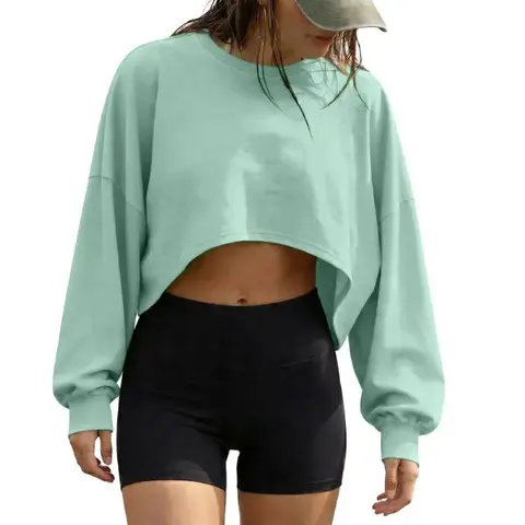 Fisoew Women's Casual Knit Crewneck Sweatshirt - Basic Athleisure Crop Top with Drop Shoulder, Balloon Lantern Long Sleeves, Loose Oversized Fit - Comfy Fitness College Clothes