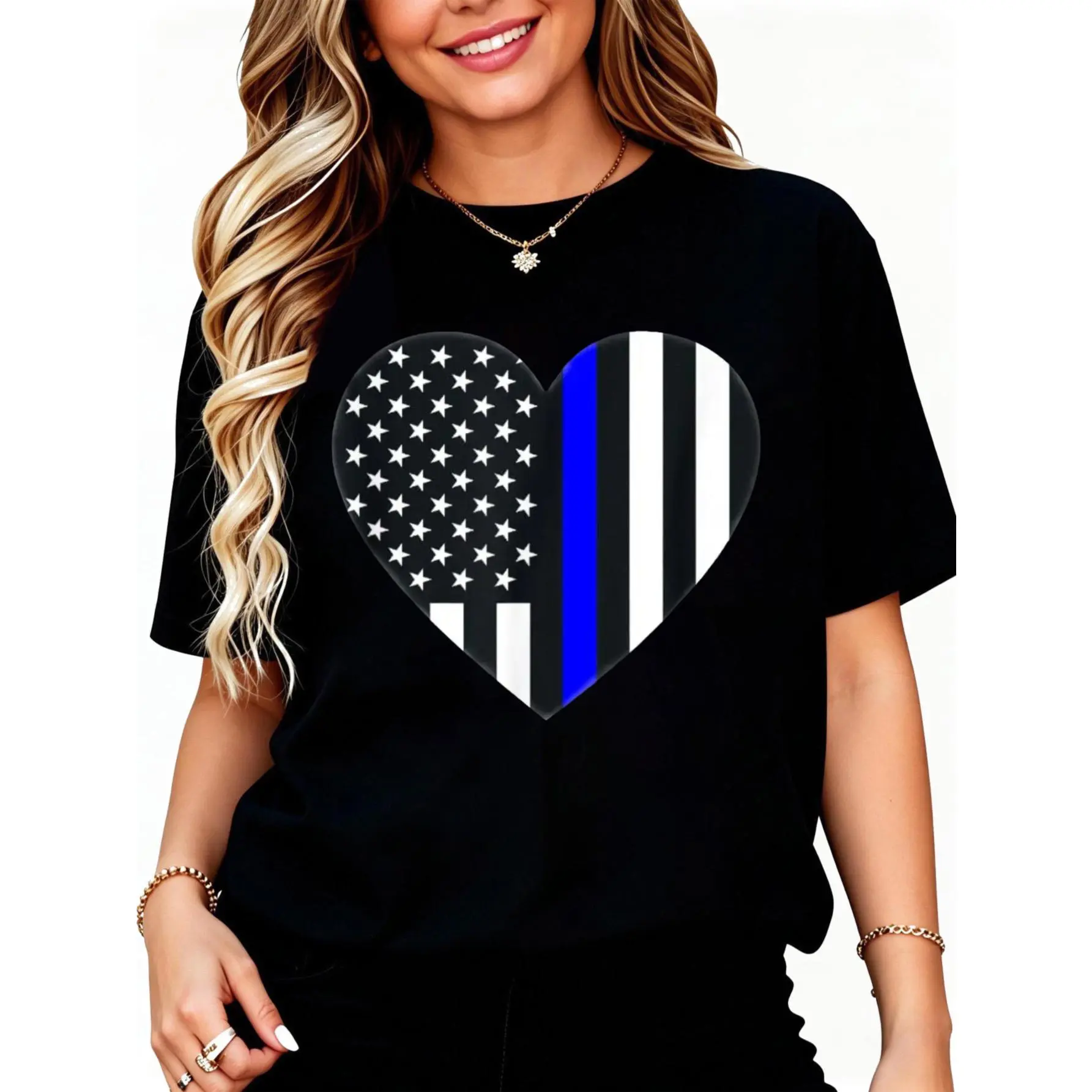 Love Our Police Officer US Flag Heart Thin Blue Line T-Shirt