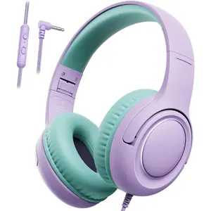 L-HSP022  Kids Headphones with Cord for School - Over-Ear 85/94dB Volume Limiter, 3.5mm Jack Foldable Stereo Sound Headset for Toddlers Girls Boy Travel Learning Entertainment Tablet Kindle iPad PC Purple Green Adjustable Audio