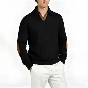 Men's Aesthetic Vintage Workwear Long Sleeve Polo Sweater - Menswear Casual Tops with Twist Drawstring, Jacquard Fabric, Suede Panels, V-Neck, Elbow Patches, Loose Fit, Ideal for Everyday Wear, Commuting