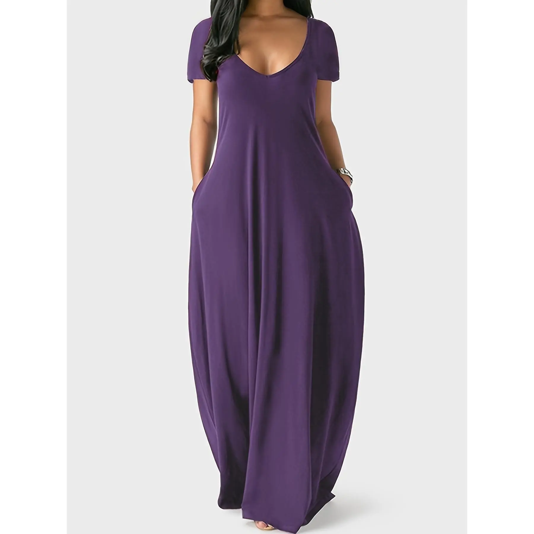 Women's Casual V-Neck Maxi Dress, Basic Solid Knit Polyester Blend Tunic with Shortsleeves and Pockets for Birthday Wear, Casual Wear, Knitting, Extra Long Length, Floor Length, Machine Washable