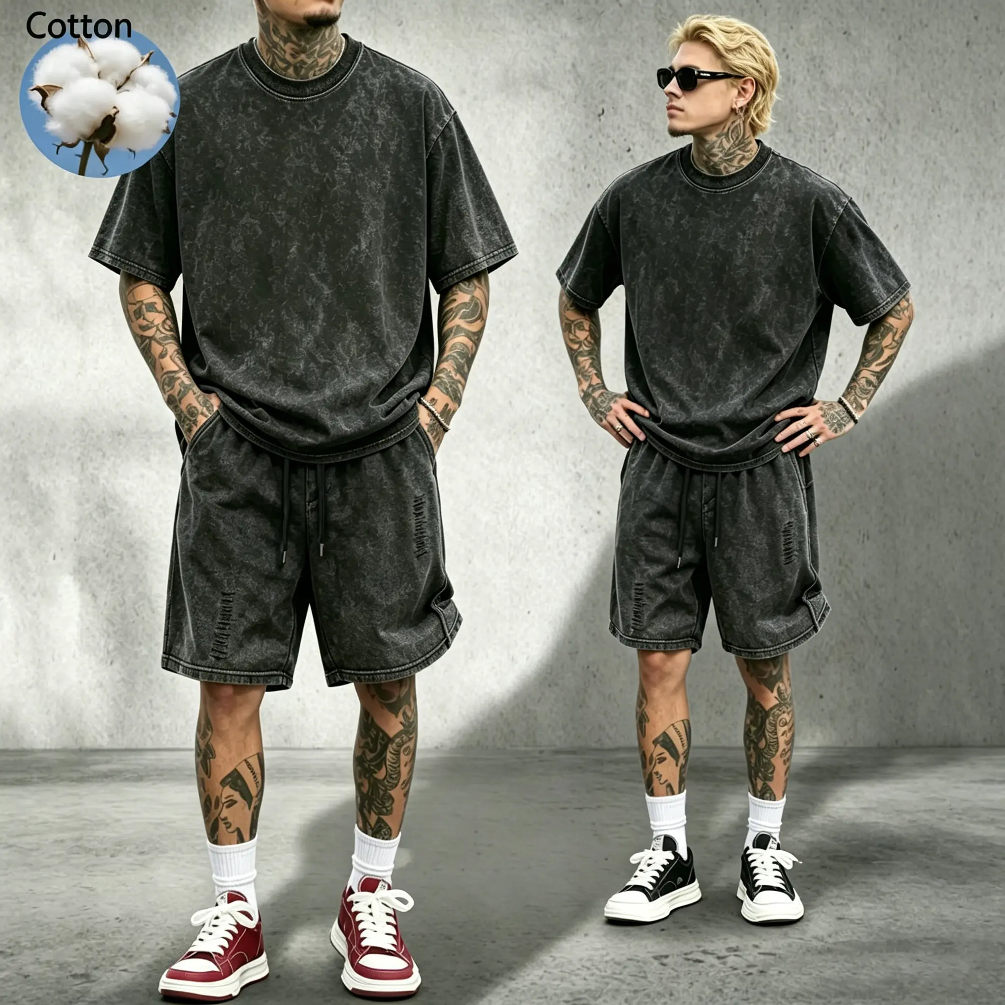 Vintage Washed Cotton Men’s Two-Piece Set, Stylish Summer Outfits for Men’s Fashion, Casual Streetwear Tee & Shorts Combo