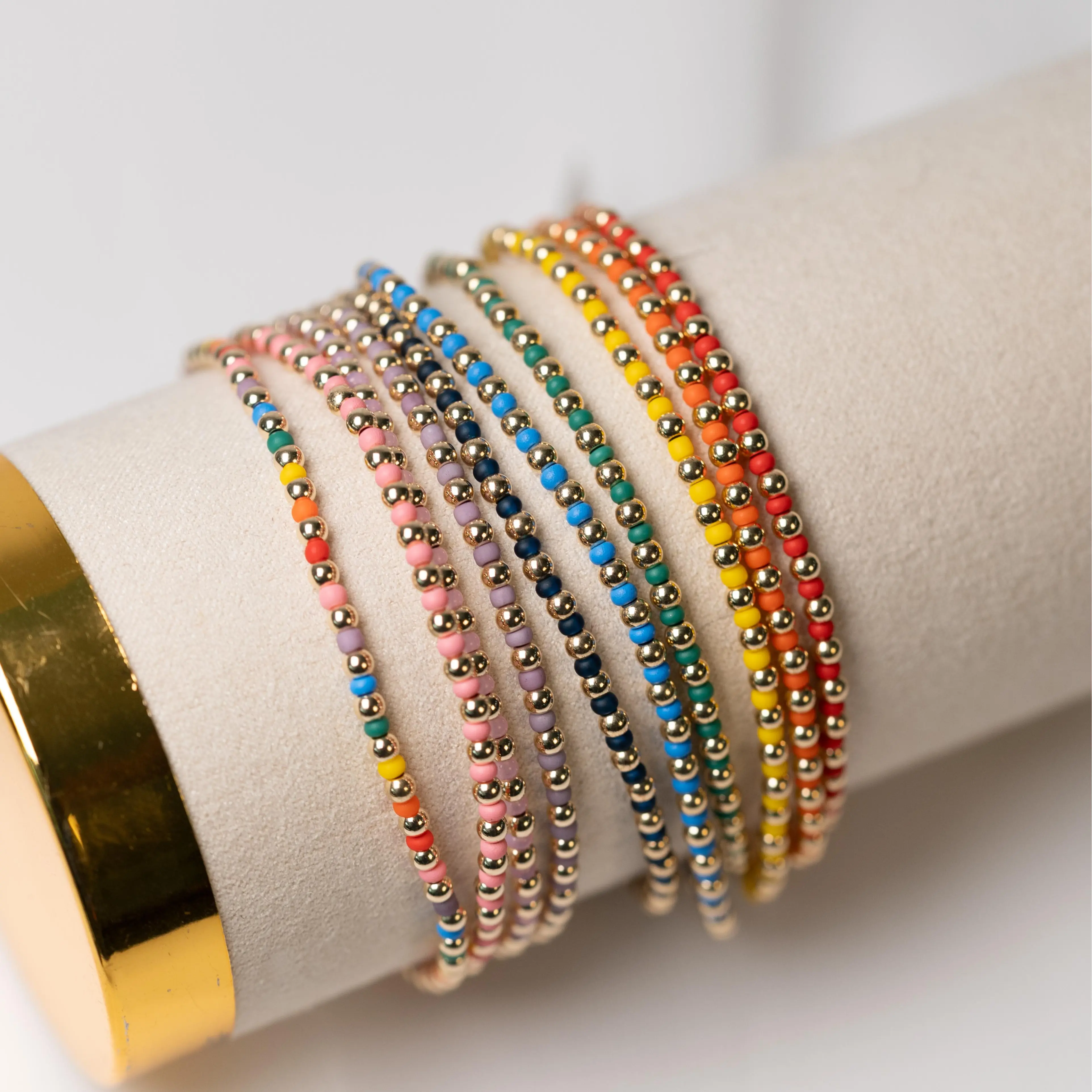 Color Pop Stretch Bracelet - Lightweight Gold-Plated Seed Beads & Ball Beads - Handmade Stretch Cord for Easy Wear - Stackable Rainbow Accessory