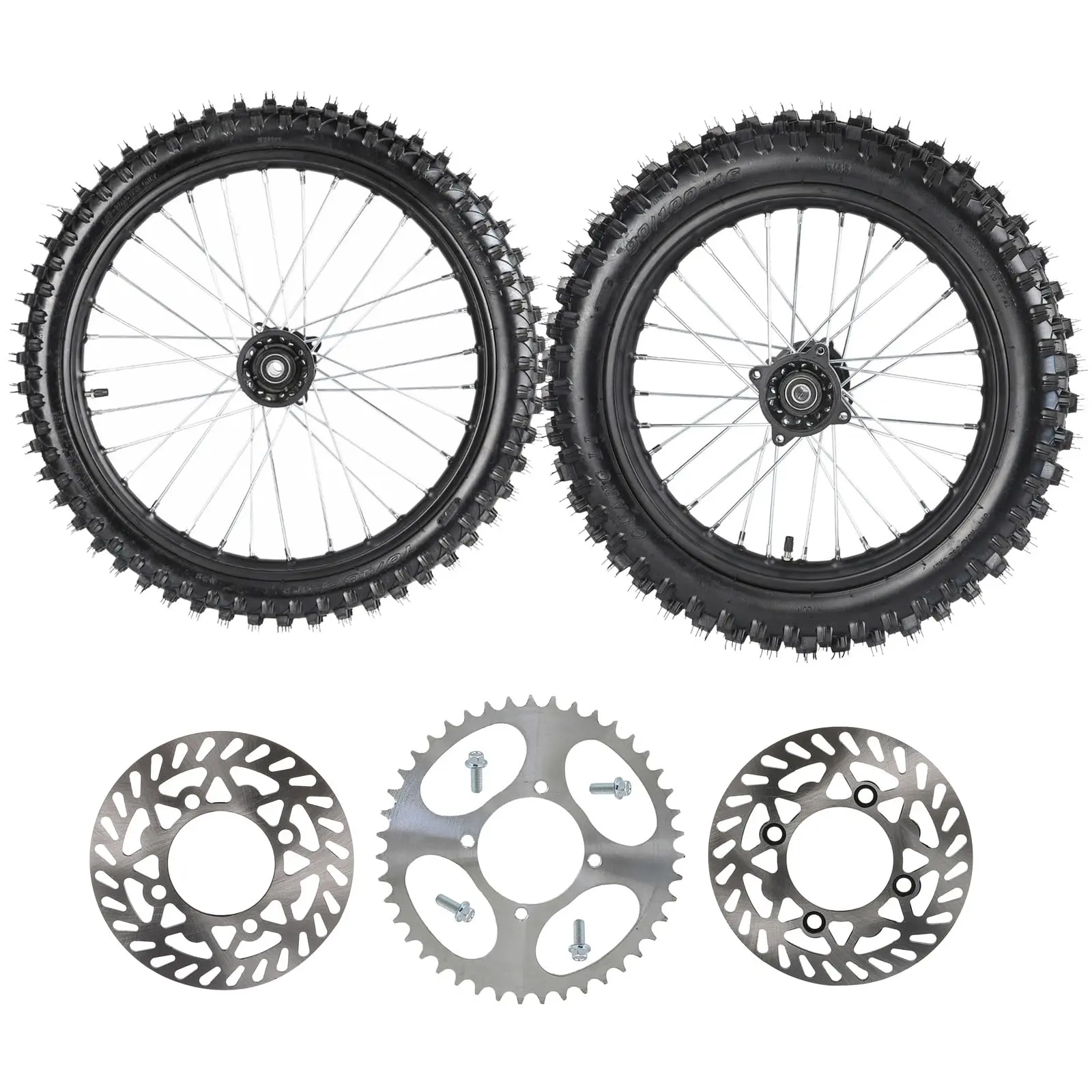 70/100-19 90/100-16 Dirt Bike Wheels Tire Rim Wheel with Disc Brake Rotor and 520 43T Rear Chain Sprocket for Pro Pit Trail Monkey Bike Offroad Motorcycle Scooter 125cc 140cc 150cc 200cc DIY Rebuild