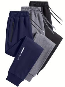 3-pack men's stylish trendy joggers with letter print, fitted drawstring waist, ideal for running and workouts, comfortable athletic wear