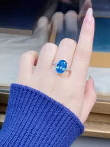 Women's Pure Silver Ring with Blue Sapphire Oval Shape Pigeon Egg Diamond Zirconia High Carbon Stone Jewelry Gift