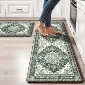 2 Piece Anti Fatigue Kitchen Mat Set, Waterproof Non Slip Cushioned PVC Floor Mats, Comfort Standing Rug for Sink Laundry 17.3"x47"+17.3"x28"